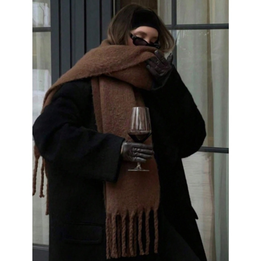 Brown Wide Shawl Scarf With Tassels Fuzzy Knit